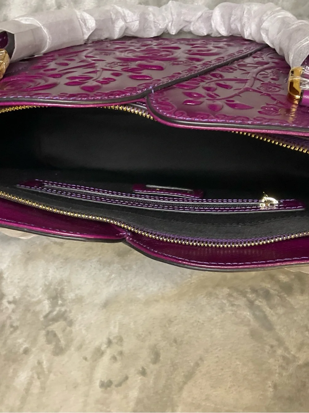 NWT PIJUSHI Purple 3D Rose Embossed Leather Handbag & Matching Wristlet Wallet